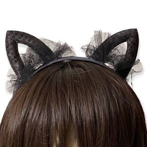 Black Lace Sequins Cat Ears Headband Cosplay Hair Accessory NEW